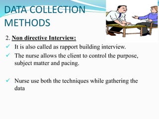 DATA COLLECTION
METHODS
2. Non directive Interview:
✓ It is also called as rapport building interview.
✓ The nurse allows the client to control the purpose,
subject matter and pacing.
✓ Nurse use both the techniques while gathering the
data
 