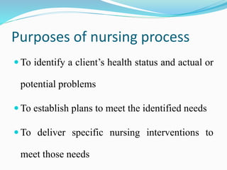Purposes of nursing process
 To identify a client’s health status and actual or
potential problems
 To establish plans to meet the identified needs
 To deliver specific nursing interventions to
meet those needs
 