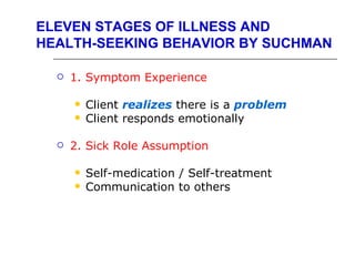 ELEVEN STAGES OF ILLNESS AND
HEALTH-SEEKING BEHAVIOR BY SUCHMAN

     1. Symptom Experience

         Client realizes there is a problem
         Client responds emotionally

     2. Sick Role Assumption

         Self-medication / Self-treatment
         Communication to others
 