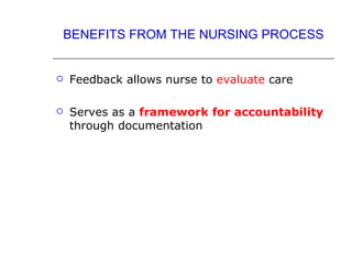 BENEFITS FROM THE NURSING PROCESS


   Feedback allows nurse to evaluate care

   Serves as a framework for accountability
    through documentation
 