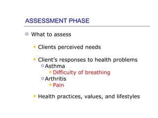 ASSESSMENT PHASE

   What to assess

       Clients perceived needs

       Client’s responses to health problems
          Asthma
             Difficulty of breathing
          Arthritis
             Pain


       Health practices, values, and lifestyles
 