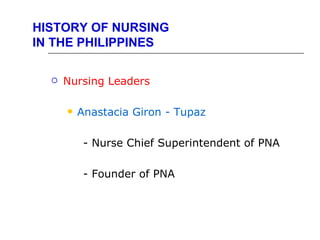 HISTORY OF NURSING
IN THE PHILIPPINES

     Nursing Leaders

         Anastacia Giron - Tupaz

           - Nurse Chief Superintendent of PNA

           - Founder of PNA
 