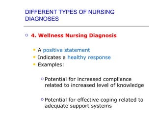 DIFFERENT TYPES OF NURSING
DIAGNOSES

   4. Wellness Nursing Diagnosis

       A positive statement
       Indicates a healthy response
       Examples:

            Potential for increased compliance
             related to increased level of knowledge

            Potential for effective coping related to
             adequate support systems
 