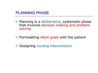 PLANNING PHASE

   Planning is a deliberative, systematic phase
    that involves decision making and problem
    solving

   Formulating client goals with the patient

   Designing nursing interventions
 