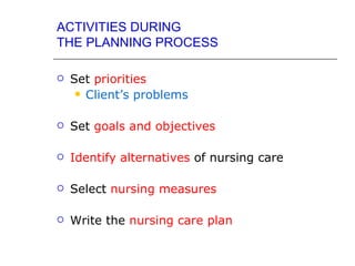 ACTIVITIES DURING
THE PLANNING PROCESS

   Set priorities
      Client’s problems


   Set goals and objectives

   Identify alternatives of nursing care

   Select nursing measures

   Write the nursing care plan
 