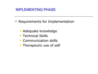 IMPLEMENTING PHASE


   Requirements for Implementation

       Adequate knowledge
       Technical Skills
       Communication skills
       Therapeutic use of self
 