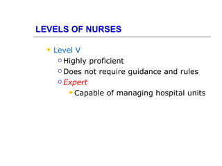 LEVELS OF NURSES

     Level V
        Highly proficient

        Does not require guidance and rules

        Expert

           Capable of managing hospital units
 