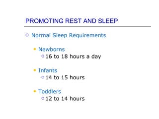 PROMOTING REST AND SLEEP

   Normal Sleep Requirements

       Newborns
          16 to 18 hours a day



       Infants
          14 to 15 hours



       Toddlers
          12 to 14 hours
 