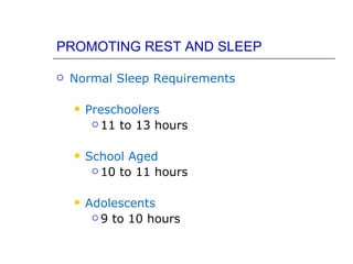 PROMOTING REST AND SLEEP

   Normal Sleep Requirements

       Preschoolers
          11 to 13 hours



       School Aged
          10 to 11 hours



       Adolescents
          9 to 10 hours
 