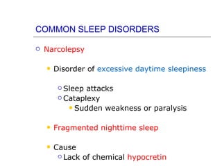 COMMON SLEEP DISORDERS

   Narcolepsy

       Disorder of excessive daytime sleepiness

          Sleep attacks
          Cataplexy

             Sudden weakness or paralysis


       Fragmented nighttime sleep

       Cause
          Lack of chemical hypocretin
 