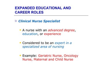 EXPANDED EDUCATIONAL AND
CAREER ROLES

   Clinical Nurse Specialist

       A nurse with an advanced degree,
        education, or experience

       Considered to be an expert in a
        specialized area of nursing

       Example: Geriatric Nurse, Oncology
        Nurse, Maternal and Child Nurse
 