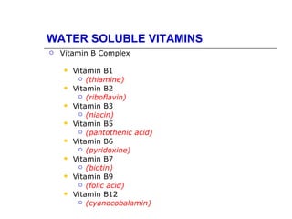 WATER SOLUBLE VITAMINS
   Vitamin B Complex

       Vitamin B1
          (thiamine)
       Vitamin B2
          (riboflavin)
       Vitamin B3
          (niacin)
       Vitamin B5
          (pantothenic acid)
       Vitamin B6
          (pyridoxine)
       Vitamin B7
          (biotin)
       Vitamin B9
          (folic acid)
       Vitamin B12
          (cyanocobalamin)
 