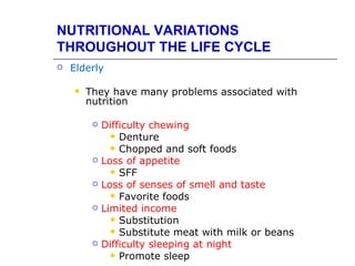 NUTRITIONAL VARIATIONS
THROUGHOUT THE LIFE CYCLE
   Elderly

       They have many problems associated with
        nutrition

            Difficulty chewing
                Denture
                Chopped and soft foods
            Loss of appetite
                SFF
            Loss of senses of smell and taste
                Favorite foods
            Limited income
                Substitution
                Substitute meat with milk or beans
            Difficulty sleeping at night
                Promote sleep
 