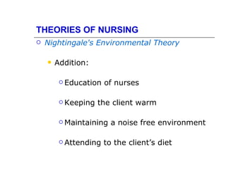 THEORIES OF NURSING
   Nightingale's Environmental Theory

       Addition:

          Education   of nurses

          Keeping   the client warm

          Maintaining   a noise free environment

          Attending   to the client’s diet
 