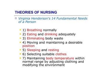 THEORIES OF NURSING
   Virginia Henderson’s 14 Fundamental Needs
    of a Person

       1) Breathing normally
       2) Eating and drinking adequately
       3) Eliminating body waste
       4) Moving and maintaining a desirable
        position
       5) Sleeping and resting
       6) Selecting suitable clothes
       7) Maintaining body temperature within
        normal range by adjusting clothing and
        modifying the environment
 