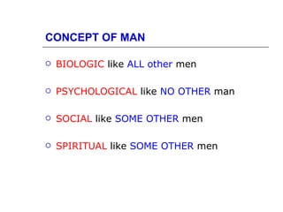 CONCEPT OF MAN

   BIOLOGIC like ALL other men

   PSYCHOLOGICAL like NO OTHER man

   SOCIAL like SOME OTHER men

   SPIRITUAL like SOME OTHER men
 