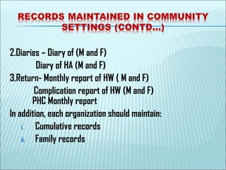 2.Diaries – Diary of (M and F)
Diary of HA (M and F)
3.Return- Monthly report of HW ( M and F)
Complication report of HW (M and F)
PHC Monthly report
In addition, each organization should maintain:
i. Cumulative records
ii. Family records
 
 