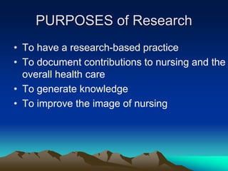 PURPOSES of Research
• To have a research-based practice
• To document contributions to nursing and the
overall health care
• To generate knowledge
• To improve the image of nursing
 