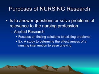 Purposes of NURSING Research
• Is to answer questions or solve problems of
relevance to the nursing profession
– Applied Research
• Focuses on finding solutions to existing problems
• Ex. A study to determine the effectiveness of a
nursing intervention to ease grieving
 