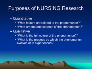 Purposes of NURSING Research
– Quantitative
• “What factors are related to the phenomenon?”
• “What are the antecedents of the phenomenon?”
– Qualitative
• “What is the full nature of the phenomenon?”
• “What is the process by which the phenomenon
evolves or is experienced?”
 