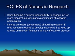 ROLES of Nurses in Research
• It has become a nurse’s responsibility to engage in 1 or
more research activity along a continuum of research
participation.
• Nurses are users (consumers) of nursing research &
read research reports to develop new skills & to keep up-
to-date on relevant findings that may affect their practice.
 
