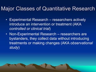 Major Classes of Quantitative Research
• Experimental Research – researchers actively
introduce an intervention or treatment (AKA
controlled or clinical trial)
• Non-Experimental Research – researchers are
bystanders, they collect data without introducing
treatments or making changes (AKA observational
study)
 
