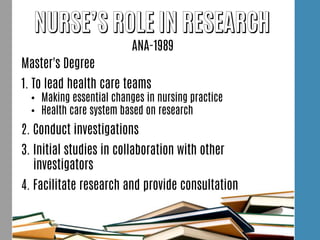 ANA-1989
Master's Degree
1. To lead health care teams
• Making essential changes in nursing practice
• Health care system based on research
2. Conduct investigations
3. Initial studies in collaboration with other
investigators
4. Facilitate research and provide consultation
 
