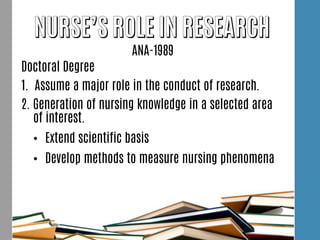 ANA-1989
Doctoral Degree
1. Assume a major role in the conduct of research.
2. Generation of nursing knowledge in a selected area
of interest.
• Extend scientific basis
• Develop methods to measure nursing phenomena
 