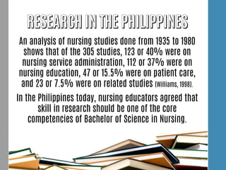An analysis of nursing studies done from 1935 to 1980
shows that of the 305 studies, 123 or 40% were on
nursing service administration, 112 or 37% were on
nursing education, 47 or 15.5% were on patient care,
and 23 or 7.5% were on related studies (Williams, 1998).
In the Philippines today, nursing educators agreed that
skill in research should be one of the core
competencies of Bachelor of Science in Nursing.
 