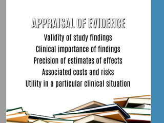 Validity of study findings
Clinical importance of findings
Precision of estimates of effects
Associated costs and risks
Utility in a particular clinical situation
 