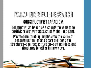 CONSTRUCTIVIST PARADIGM
Constructivism began as a countermovement to
positivism with writers such as Weber and Kant.
Postmodern thinking emphasizes the value of
deconstruction—taking apart old ideas and
structures—and reconstruction—putting ideas and
structures together in new ways.
 