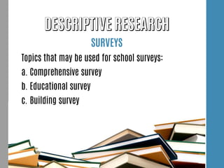 SURVEYS
Topics that may be used for school surveys:
a. Comprehensive survey
b. Educational survey
c. Building survey
 