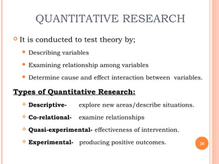 QUANTITATIVE RESEARCH
 It is conducted to test theory by;
 Describing variables
 Examining relationship among variables
 Determine cause and effect interaction between variables.
Types of Quantitative Research:
 Descriptive- explore new areas/describe situations.
 Co-relational- examine relationships
 Quasi-experimental- effectiveness of intervention.
 Experimental- producing positive outcomes. 20
 