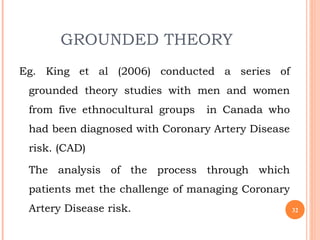 GROUNDED THEORY
Eg. King et al (2006) conducted a series of
grounded theory studies with men and women
from five ethnocultural groups in Canada who
had been diagnosed with Coronary Artery Disease
risk. (CAD)
The analysis of the process through which
patients met the challenge of managing Coronary
Artery Disease risk. 32
 