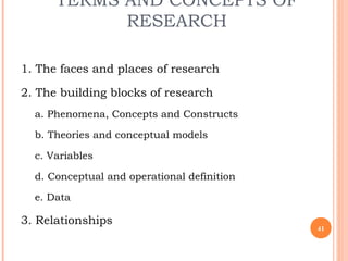 TERMS AND CONCEPTS OF
RESEARCH
1. The faces and places of research
2. The building blocks of research
a. Phenomena, Concepts and Constructs
b. Theories and conceptual models
c. Variables
d. Conceptual and operational definition
e. Data
3. Relationships
41
 