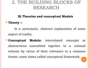 2. THE BUILDING BLOCKS OF
RESEARCH
B) Theories and conceptual Models
 Theory :-
Is a systematic, abstract explanation of some
aspect of reality.
 Conceptual Models: interrelated concepts or
abstractions assembled together in a rational
scheme by virtue of their relevance to a common
theme; some times called conceptual framework.
49
 