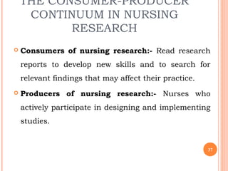 THE CONSUMER-PRODUCER
CONTINUUM IN NURSING
RESEARCH
 Consumers of nursing research:- Read research
reports to develop new...