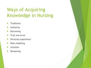 Ways of Acquiring
Knowledge in Nursing
 Traditions
 Authority
 Borrowing
 Trial and error
 Personal experience
 Role modeling
 Intuition
 Reasoning
 