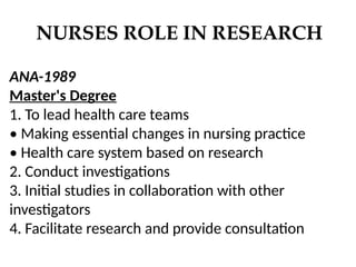 NURSES ROLE IN RESEARCH
ANA-1989
Master's Degree
1. To lead health care teams
• Making essential changes in nursing practice
• Health care system based on research
2. Conduct investigations
3. Initial studies in collaboration with other
investigators
4. Facilitate research and provide consultation
 