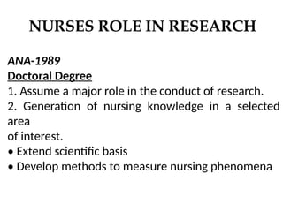 NURSES ROLE IN RESEARCH
ANA-1989
Doctoral Degree
1. Assume a major role in the conduct of research.
2. Generation of nursing knowledge in a selected
area
of interest.
• Extend scientific basis
• Develop methods to measure nursing phenomena
 