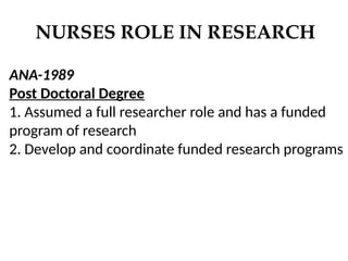 NURSES ROLE IN RESEARCH
ANA-1989
Post Doctoral Degree
1. Assumed a full researcher role and has a funded
program of research
2. Develop and coordinate funded research programs
 