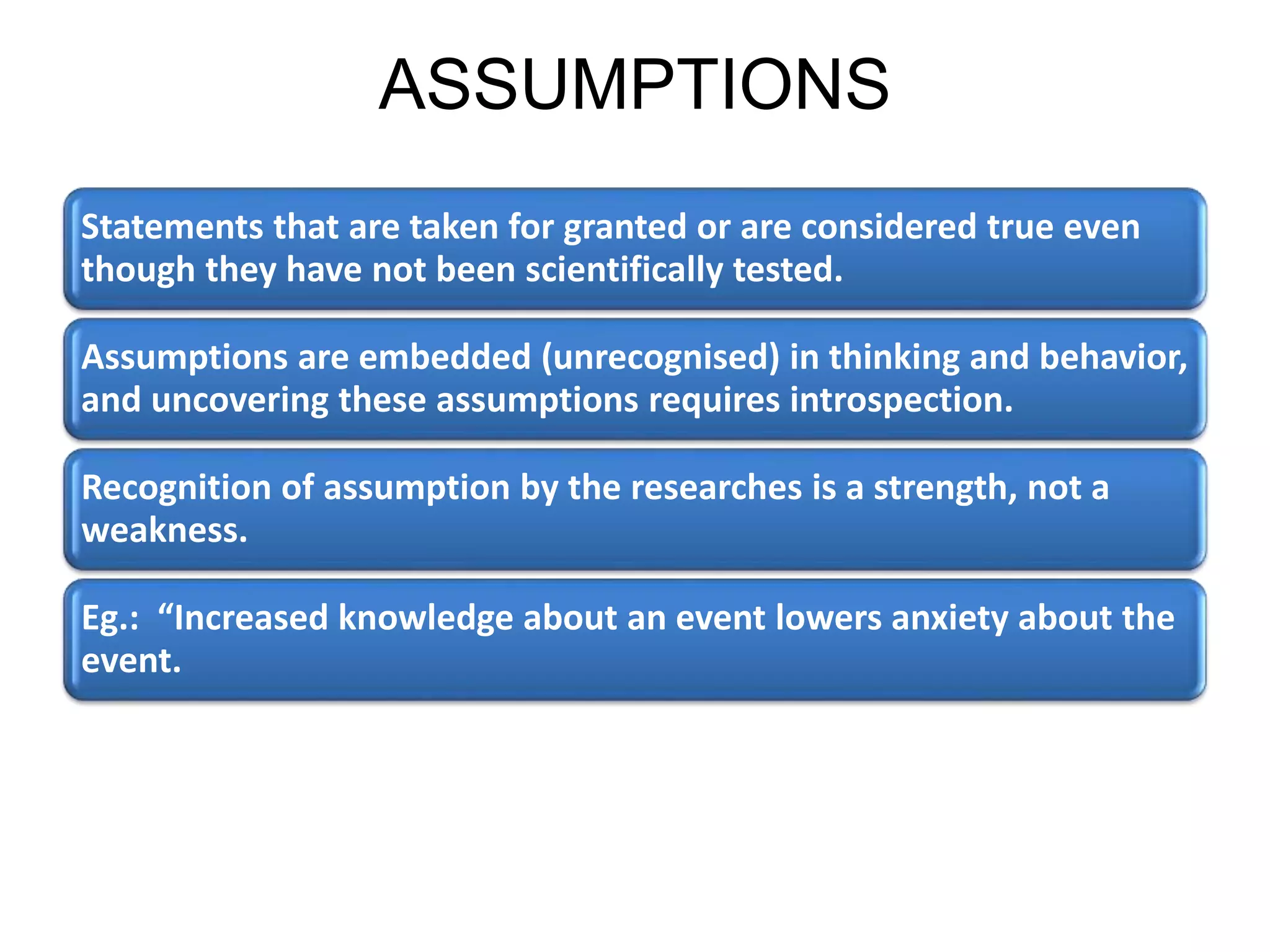 ASSUMPTIONS
Statements that are taken for granted or are considered true even
though they have not been scientifically tested.
Assumptions are embedded (unrecognised) in thinking and behavior,
and uncovering these assumptions requires introspection.
Recognition of assumption by the researches is a strength, not a
weakness.
Eg.: “Increased knowledge about an event lowers anxiety about the
event.
 