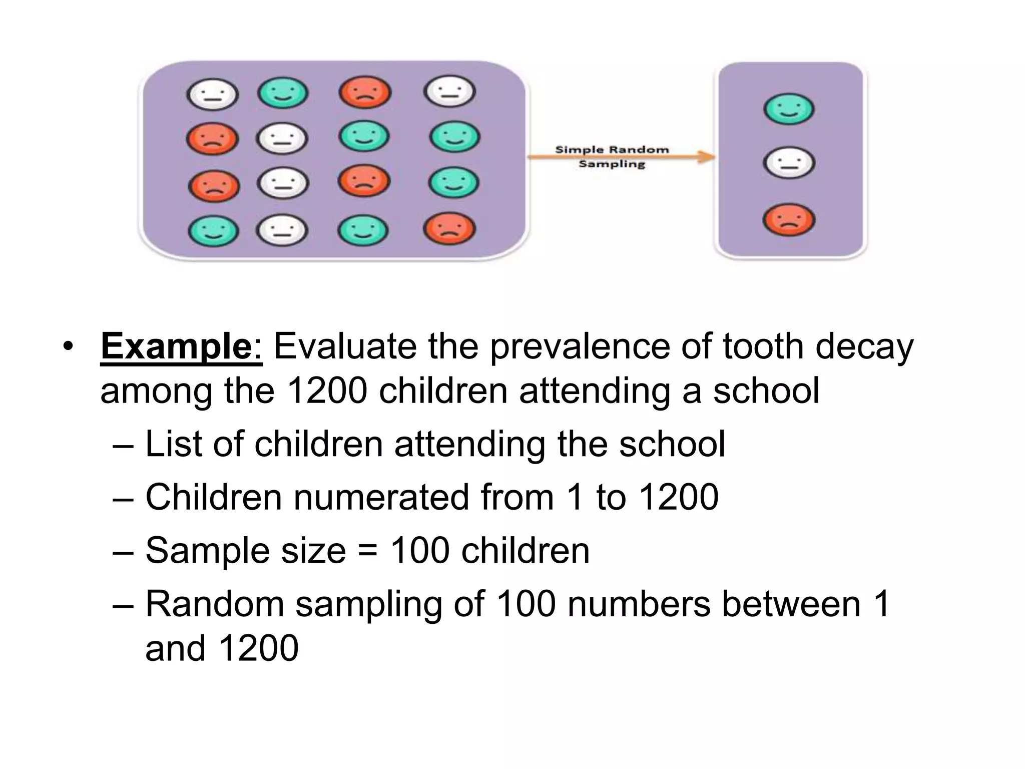• Example: Evaluate the prevalence of tooth decay
among the 1200 children attending a school
– List of children attending the school
– Children numerated from 1 to 1200
– Sample size = 100 children
– Random sampling of 100 numbers between 1
and 1200
 