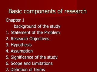 Basic components of research  Chapter 1 background of the study 1. Statement of the Problem 2. Research Objectives 3. Hypothesis 4. Assumption 5. Significance of the study 6. Scope and Limitations 7. Defintion of terms 