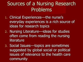 Sources of a Nursing Research Problems Clinical Experiences---the nurse’s everyday experiences is a rich source of ideas for research topics Nursing Literature---ideas for studies often come from reading the nursing literature Social Issues---topics are sometimes suggested by global social or political issues of relevance to the health care community 