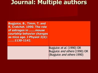 Journal: Multiple authors Bugjuice, B., Timm, T. and R. Cratchet. 1990. The role of estrogen in .......mouse courtship behavior changes as mice age. J Physiol 2(6): .......1130-1142. Bugjuice  et al . (1990) OR Bugjuice  and others  (1990) OR (Bugjuice  and others  1990)   