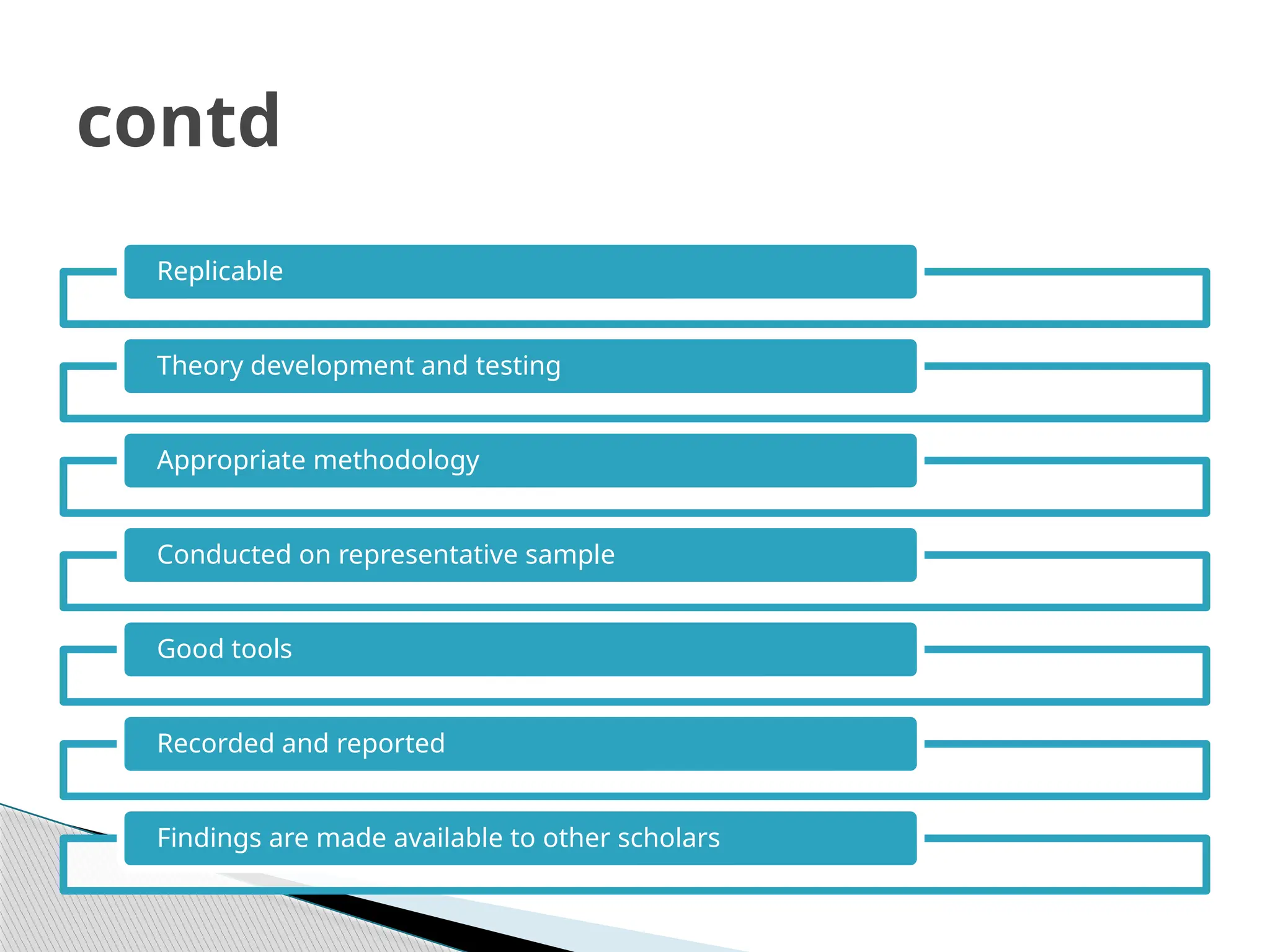 Replicable
Theory development and testing
Appropriate methodology
Conducted on representative sample
Good tools
Recorded and reported
Findings are made available to other scholars
contd
 