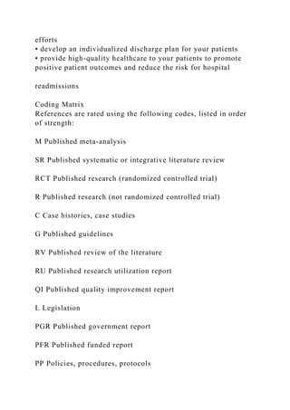 efforts
• develop an individualized discharge plan for your patients
• provide high-quality healthcare to your patients to promote
positive patient outcomes and reduce the risk for hospital
readmissions
Coding Matrix
References are rated using the following codes, listed in order
of strength:
M Published meta-analysis
SR Published systematic or integrative literature review
RCT Published research (randomized controlled trial)
R Published research (not randomized controlled trial)
C Case histories, case studies
G Published guidelines
RV Published review of the literature
RU Published research utilization report
QI Published quality improvement report
L Legislation
PGR Published government report
PFR Published funded report
PP Policies, procedures, protocols
 