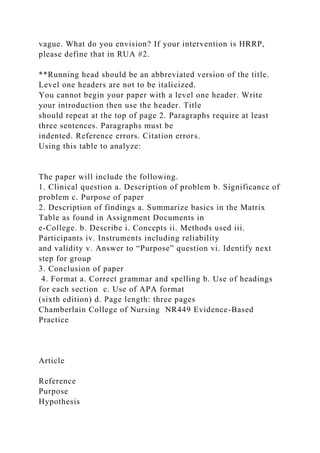 vague. What do you envision? If your intervention is HRRP,
please define that in RUA #2.
**Running head should be an abbreviated version of the title.
Level one headers are not to be italicized.
You cannot begin your paper with a level one header. Write
your introduction then use the header. Title
should repeat at the top of page 2. Paragraphs require at least
three sentences. Paragraphs must be
indented. Reference errors. Citation errors.
Using this table to analyze:
The paper will include the following.
1. Clinical question a. Description of problem b. Significance of
problem c. Purpose of paper
2. Description of findings a. Summarize basics in the Matrix
Table as found in Assignment Documents in
e-College. b. Describe i. Concepts ii. Methods used iii.
Participants iv. Instruments including reliability
and validity v. Answer to “Purpose” question vi. Identify next
step for group
3. Conclusion of paper
4. Format a. Correct grammar and spelling b. Use of headings
for each section c. Use of APA format
(sixth edition) d. Page length: three pages
Chamberlain College of Nursing NR449 Evidence-Based
Practice
Article
Reference
Purpose
Hypothesis
 