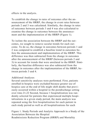 effects in the analysis.
To establish the change in rates of outcomes after the an-
nouncement of the HRRP, the change in event rates between
periods 2 and 3 was calculated. Similarly, the change in rates
of outcomes between periods 3 and 4 was also calculated to
examine the change in outcomes between the announce-
ment and the implementation of the HRRP (Figure 1).
To isolate the association between the HRRP and the out-
comes, we sought to remove secular trends for each out-
come. To do so, the change in outcomes between periods 1 and
2 was computed to establish a baseline trend in outcomes be-
fore the announcement and implementation of the HRRP. This
difference was then subtracted from the change in outcomes
after the announcement of the HRRP (between periods 2 and
3) to account for trends that were unrelated to the HRRP. Simi-
larly, the baseline difference was also subtracted from the
change in outcomes after the implementation of the HRRP, be-
tween periods 3 and 4.
Additional Analyses
Several sensitivity analyses were performed. First, patients
enrolled in hospice were excluded because greater use of
hospice care at the end of life might shift deaths that previ-
ously occurred within a hospital to the postdischarge setting
over time.21,22 Second, because 1 hospitalization was ran-
domly selected for patients that experienced multiple hospi-
talizations in a given study period, the main analysis was
repeated using the first hospitalization for each patient in
each study period as well as all hospitalizations for each
Figure 1. Study Periods and Analytic Approach in a Study of the
Association Between the Hospital
Readmissions Reduction Program (HRRP) and Mortality
 